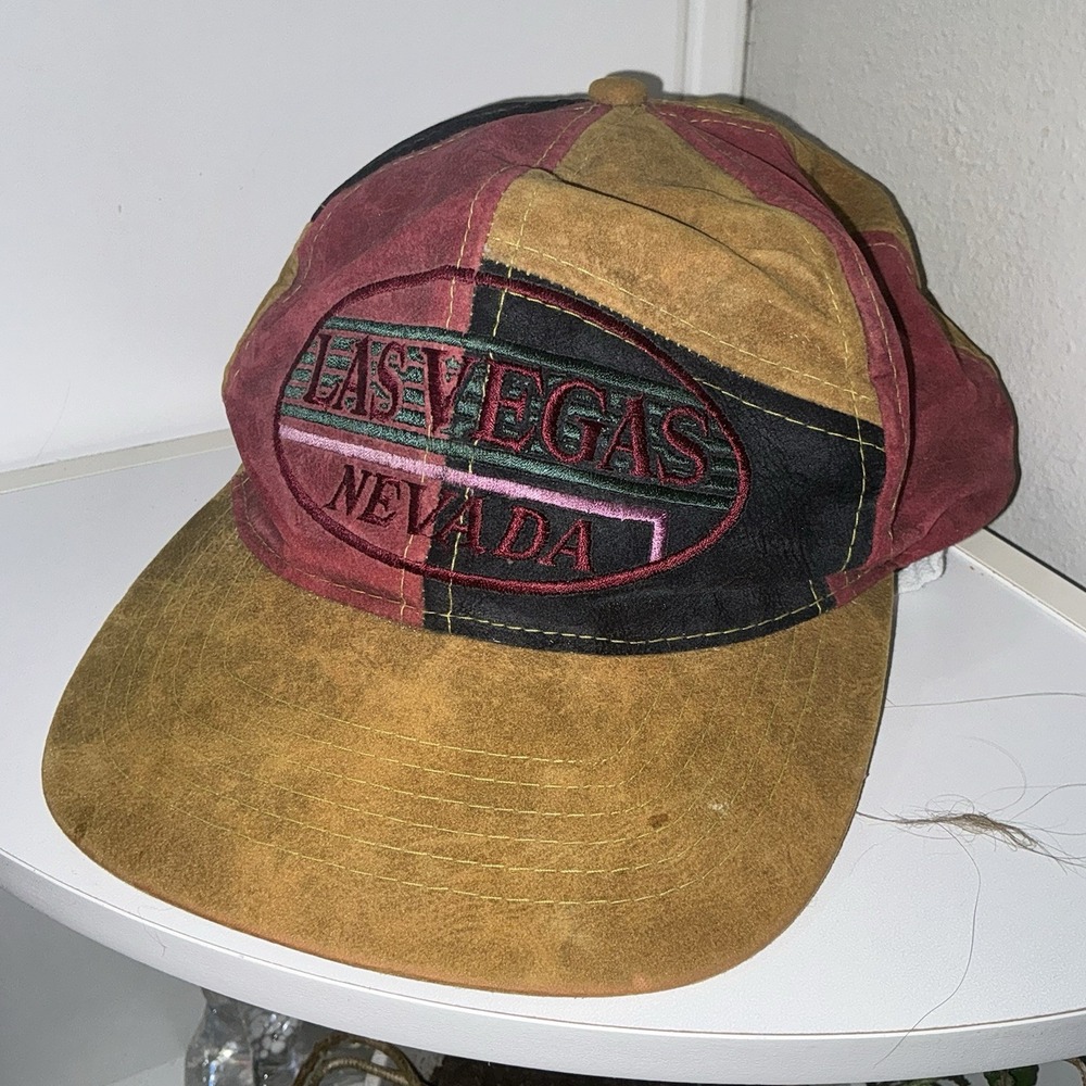 Men's Color Block Adjustable Rare Vintage 80's Leather Stitched Las Vegas Cap